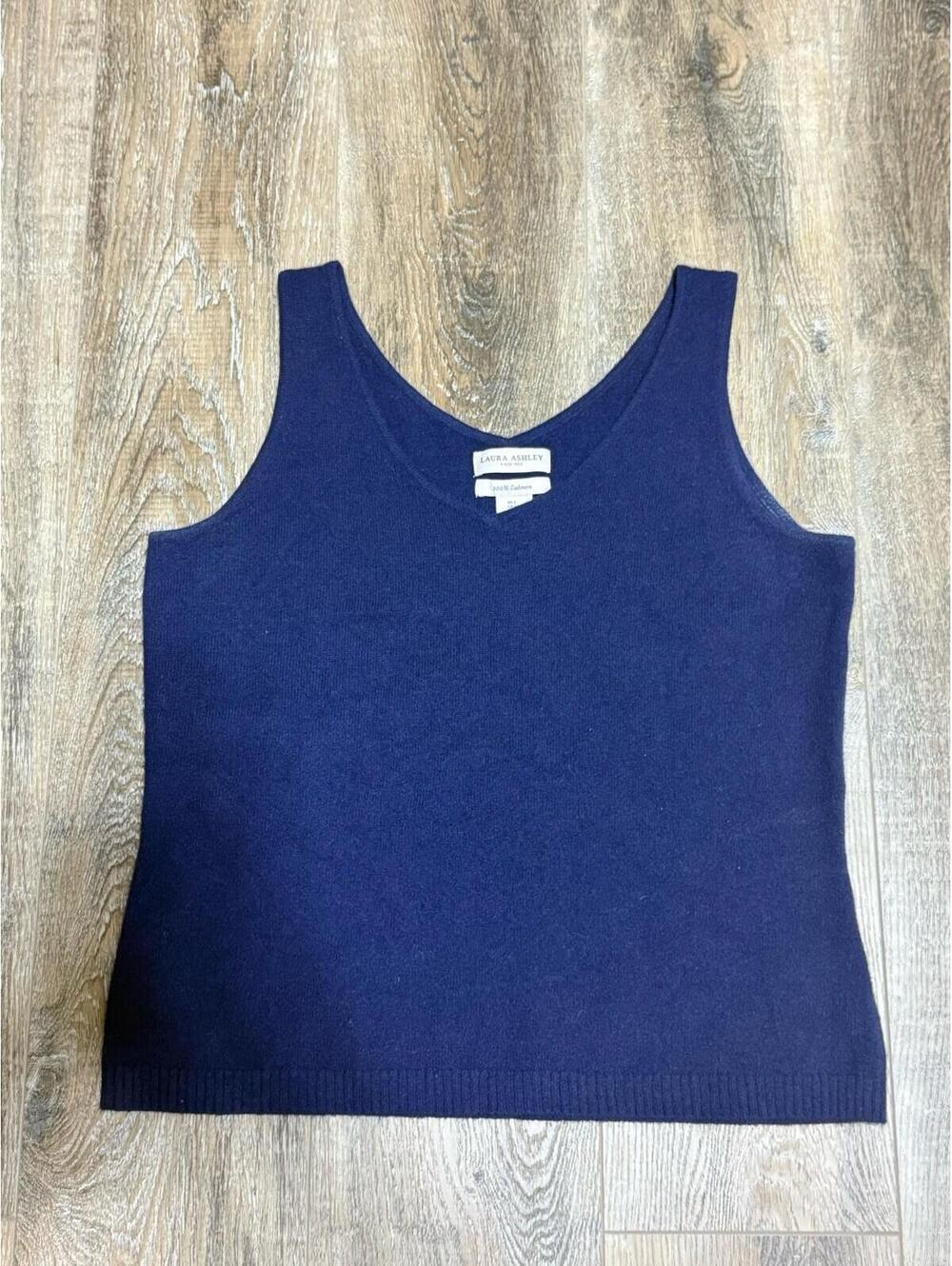 Vintage Laura Ashley 100% Cashmere Sweater Tank Top Navy Blue Scoop Neck L